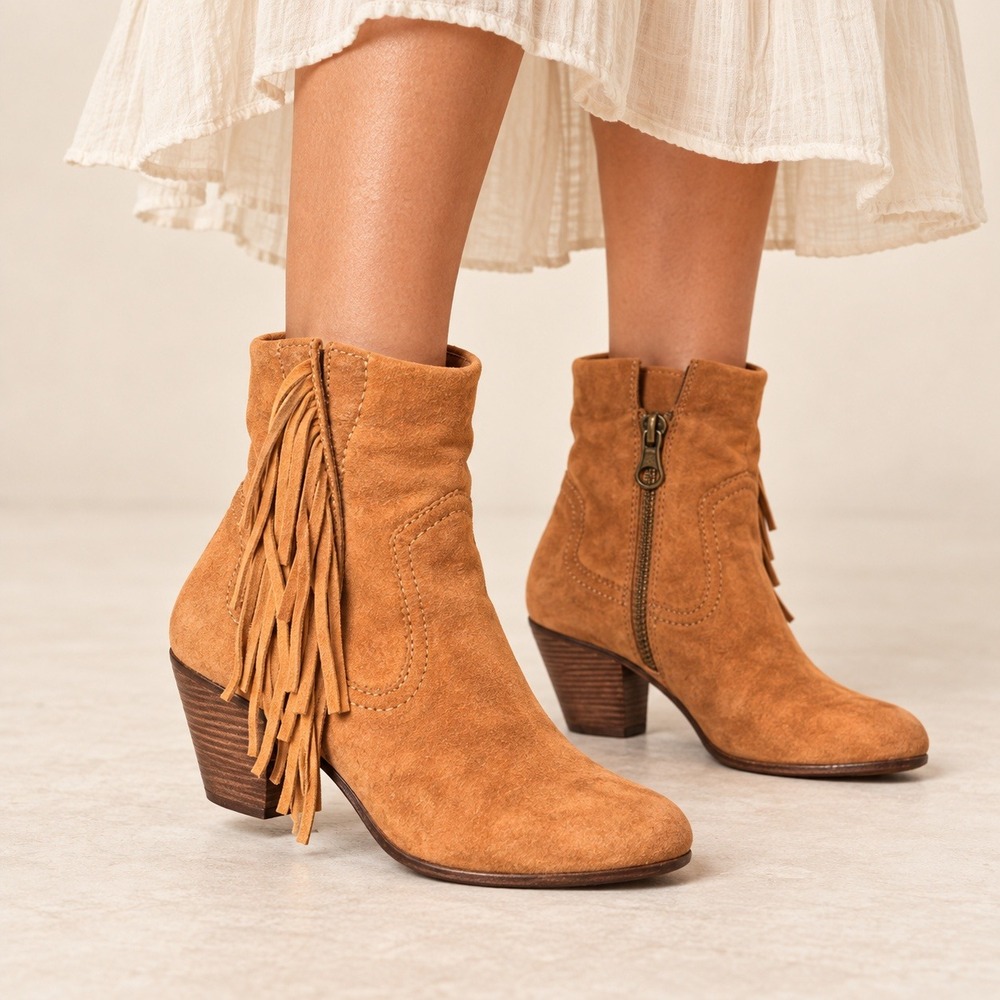 Sam Edelman Louie Fringe Ankle Boots Womens 6M Tan Suede Western Boho Booties